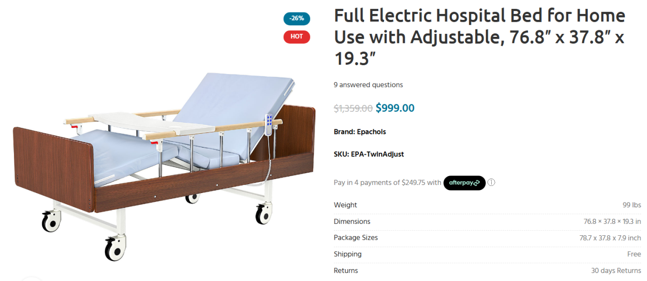 Full Electric Hospital Bed for Home Use with Adjustable